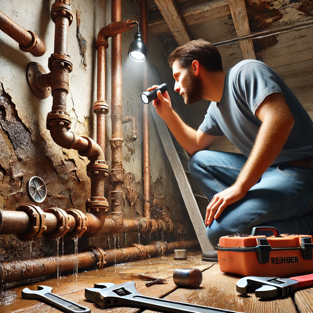 DALL·E 2024-12-25 07.44.32 - A realistic photograph of a plumber inspecting old, rusted pipes in a residential setting. The scene includes visible corrosion on the pipes, signs of