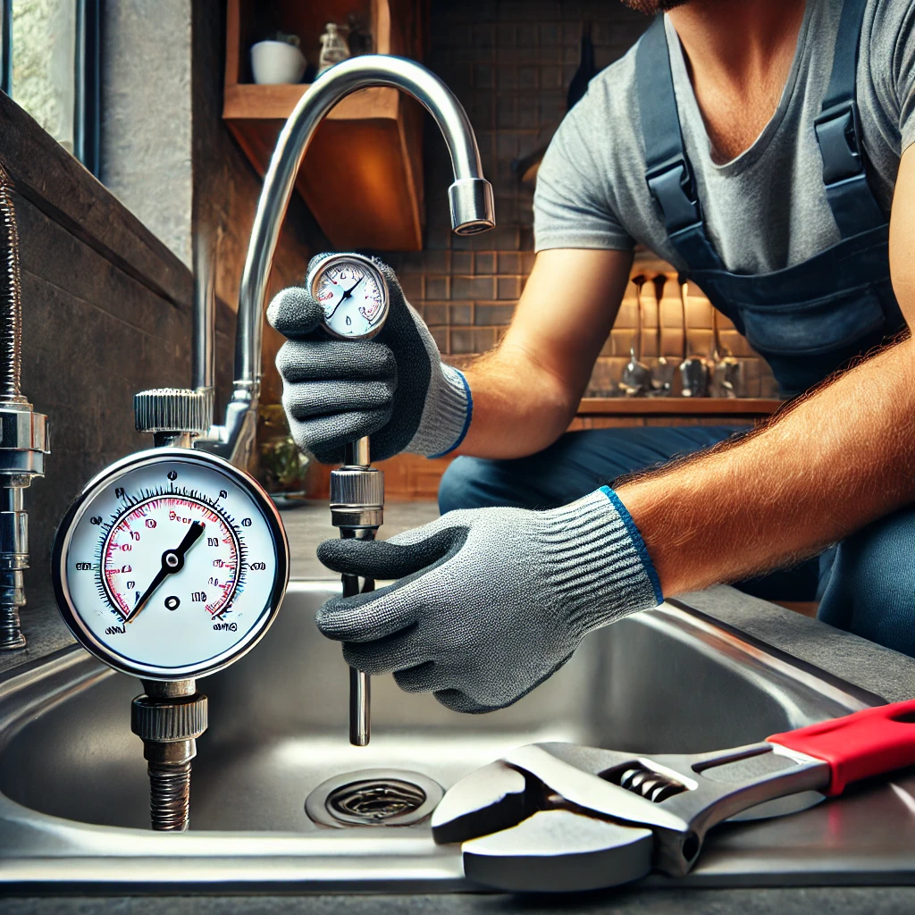 DALL·E 2024-12-25 07.55.09 - A realistic photograph of a plumber using a pressure gauge to measure water pressure in a residential sink. The scene includes professional tools like