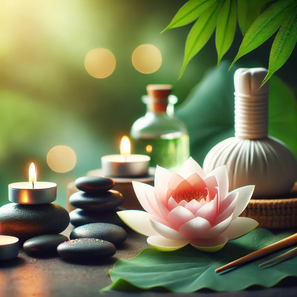 DALL·E 2025-02-04 12.05.09 - A serene wellness and alternative medicine theme banner. The image features a peaceful spa-like setting with soft candlelight, smooth massage stones,